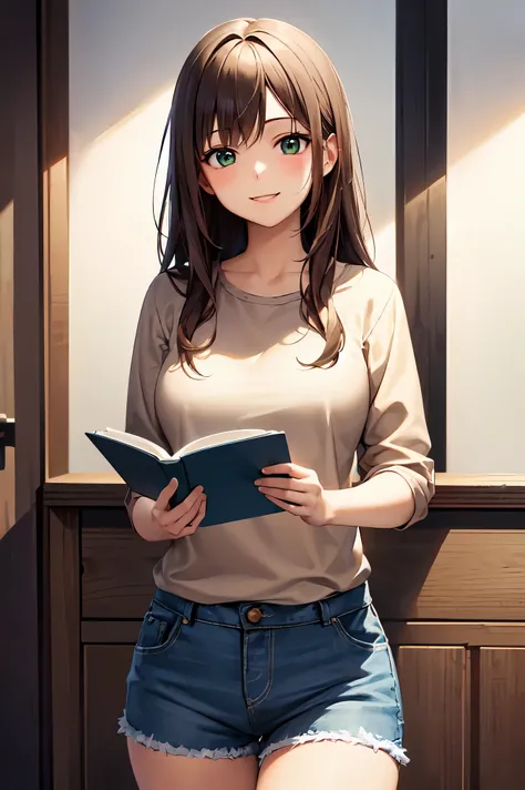 masterpiece, Highest quality, Very detailed), Portrait of an 18 year old woman with light brown hair, Green round eyes, Beige blouse and blue jeans、Smiling Blue Shorts、Reading the Brown Book - Auto Ultrarealistic -  