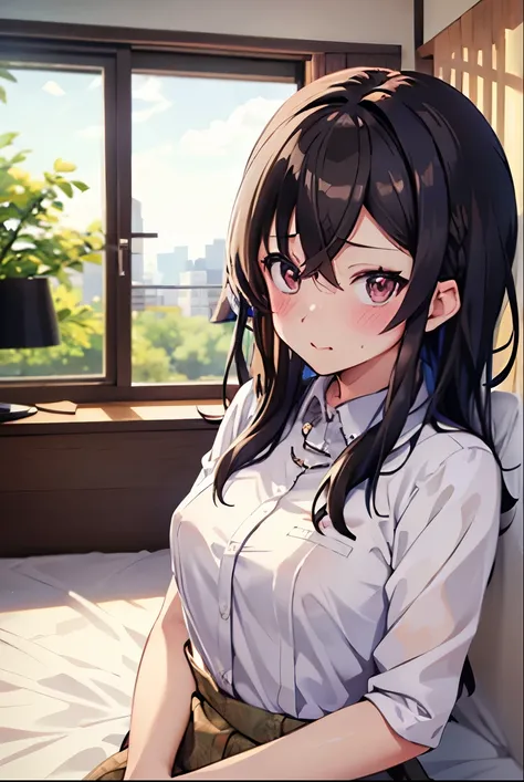(masterpiece:1.2),Highest quality,Pixiv,Amagi Shino Office Lady,
One person,独奏,Brown Hair,Long Hair,chest,View your viewers,Brown eyes,office lady,OL,blush,shy,midnight, 
Bedroom,bed,nipple slip from OL
