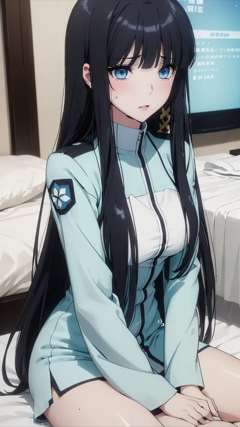 1 personの, alone, masterpiece, Highest quality, The Irregular at Magic High School, Miyuki Shiba, Shiba Miyuki, iris, blue eyes, tsurime, eyelash, Black Hair, Long Hair, Hime cut, Straight hair, Blunt bangs, blunt end, Side Lock, hair ornaments, snowflake ...