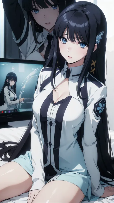 1 personの, alone, masterpiece, Highest quality, The Irregular at Magic High School, Miyuki Shiba, Shiba Miyuki, iris, blue eyes, tsurime, eyelash, Black Hair, Long Hair, Hime cut, Straight hair, Blunt bangs, blunt end, Side Lock, hair ornaments, snowflake ...