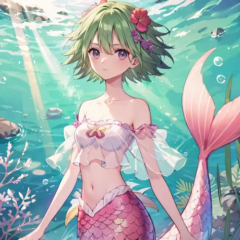 mermaid,camie,short hair,green hair,crop top, raglan sleeves, short sleeves