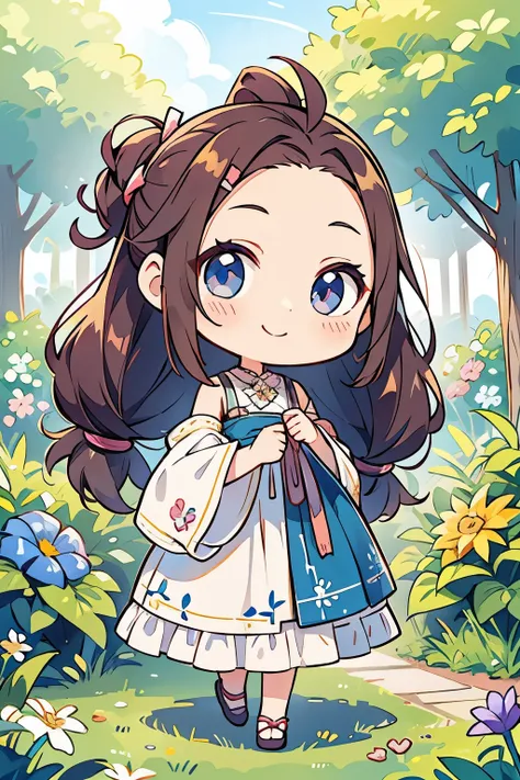 Photorealistic、Chibi Doll（smile、hairpin、A hairstyle that reveals a large forehead、A hairstyle parted in the middle、No sleeve）、Taking a walk through a garden where morning glories are blooming.、Morning Dew