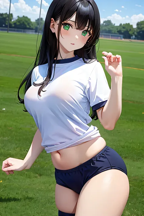 woman、Bloomers、Black Hair、Long Hair、Green Eyes、Big Breasts、The background is a sports field.