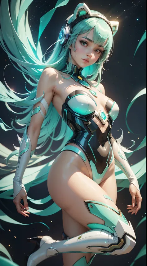 A serene spacegirl with relaxed pose, adorned in retro-futuristic attire, including heels and an aviator helmet, surrounded by ethereal, glowing spider webs, amidst a vibrant biome landscape of turquoise, iridescent crystals, and luminescent green tentacle...