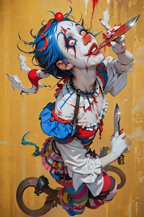 (midnight amusement park),((horror taste))、a clown looking up at the sky alone.、sad expression、（（full body portrait））、he's holdi...