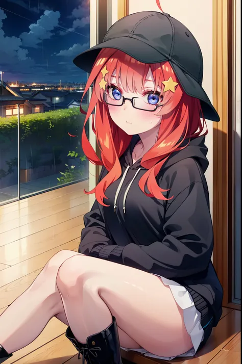 itsukinakano, Itsuki Nakano, bangs, blue eyes, Hair between the eyes, Ahoge, Redhead, star (symbol), hair ornaments, star hair ornaments,blush,Baseball hats,Black-rimmed glasses red oversized hoodie,mini skirt,White tights,short boots,Hiding in a building ...