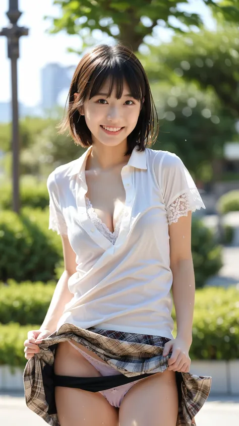 (hand up:1),(Wearing a light-colored shirt),In town,(The skin is wet from sweat),OL,looking at the camera,Cleavage,smile,skirtリフト、skirtを手で上げる,woman, 20-year-old, Short Hair、bangs、(skirt),(White lace panties)、Cute earrings,Natural lighting