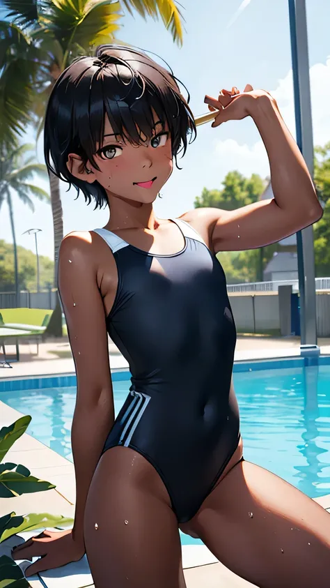 Highest quality、Realistic、、zoom、Primary school students、Girl、look up、cute、Light grey eyes、Black Hair、Armpit hair、short hair、Tanned brown skin、Dark Skin、School Swimsuit、Navy blue swimsuit、Sweat、Shy laugh、Lengthen the tongue、Flat Chest、Bust Shot、thin、Pool