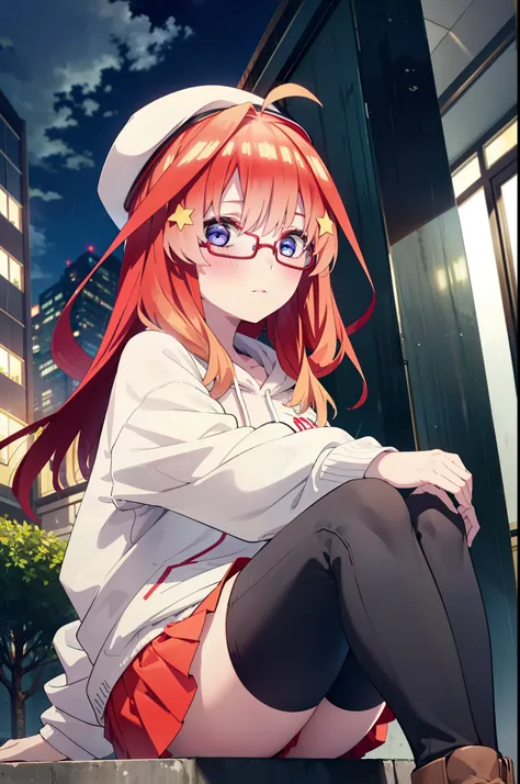 itsukinakano, Itsuki Nakano, bangs, blue eyes, Hair between the eyes, Ahoge, Redhead, star (symbol), hair ornaments, star hair ornaments,blush,Baseball hats,Black-rimmed glasses red oversized hoodie,mini skirt,Black tights,short boots,Hiding in a building ...