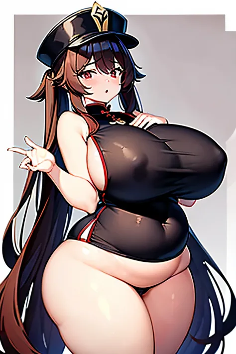 masterpiece, best quality,
1girl, hu tao (genshin impact), boo tao,hat, red eyes, twintails, brown hair, solo, symbol-shaped pupils, long hair,bangs, black shorts , chinese clothes, big , ahegao, sexy, milf, gal, fat, plump, big belly, fat body, big ass, f...