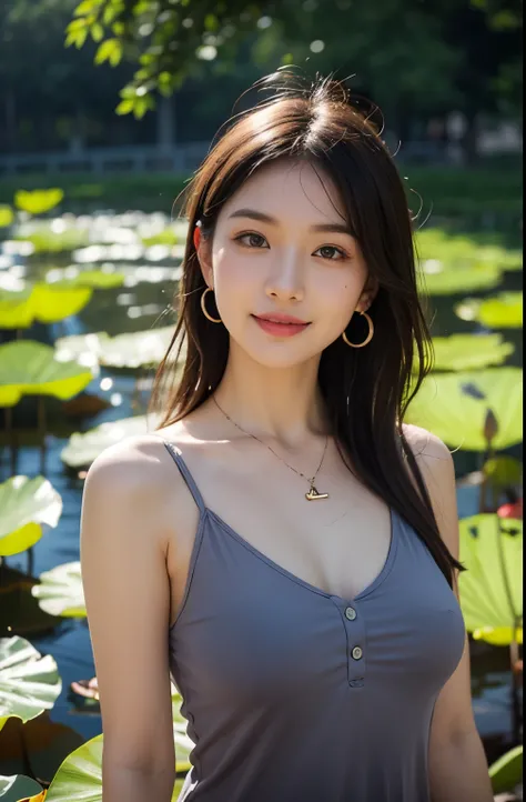 Portrait of lovely woman in bright windy field, Lotus leaf background，watercourse, Chicken lotus root stalk，lotus Leaf，lotus，(Backlight),detail， Practical,Upper Body，best quality, detail，Serious, In the shadows, bloom, [[Chromatic Aberration]，Natural skin ...