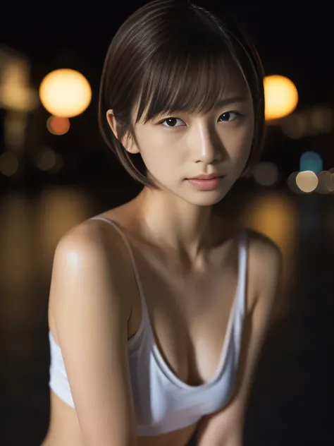 Photorealistic, Extremely delicate and beautiful, Ultra-detailed, (masterpiece, best quality:1.2), Photo of a beautiful Japanese woman posing in downtown at night, neat summer clothes, skinny, flat chest, short hair, looking at viewer, upper body, angry, f...