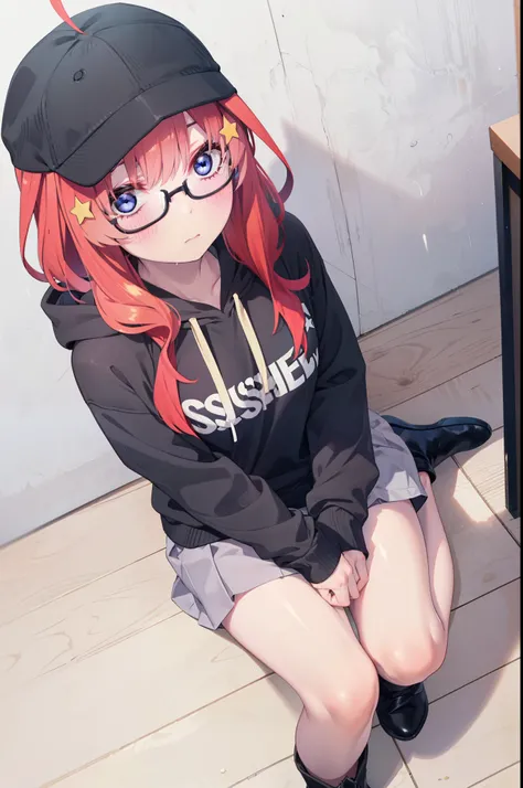 itsukinakano, Itsuki Nakano, bangs, blue eyes, Hair between the eyes, Ahoge, Redhead, star (symbol), hair ornaments, star hair ornaments,blush,Baseball hats,Black-rimmed glasses red oversized hoodie,mini skirt,Black pantyhose,short boots,Hiding in a buildi...