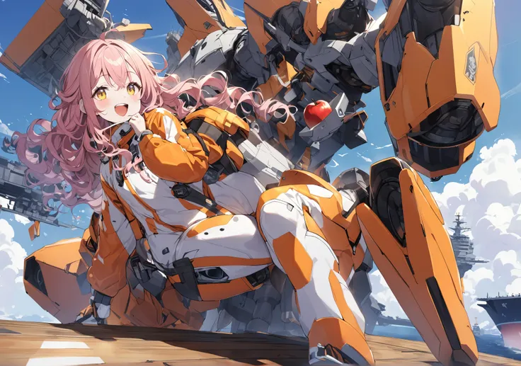 a girl, white skin, look happy, long pink wavy hair, yellow eyes, wearing a white and orange color EVA plug suit, body made by machine use by steels, wearing a fight pilot MA-1 olive color jacket and seating on a giant-robot left-hand shoulder, eating a ap...