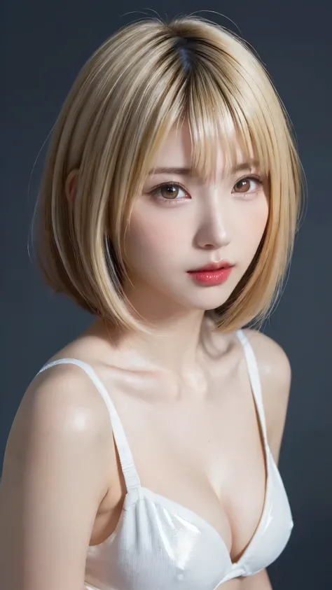 ((Close-up of face facing forward:1.6)、((blondeのショートカット:1.5))、((Narrow your eyes and tilt your head slightly upwards:1.6))、((Naked Women:1.5))、((No underwear:1.5))、((small and flat chest:1.7))、((Short Bob Cut:1.4))、((Apply beautiful makeup:1.5))、(((amount、...