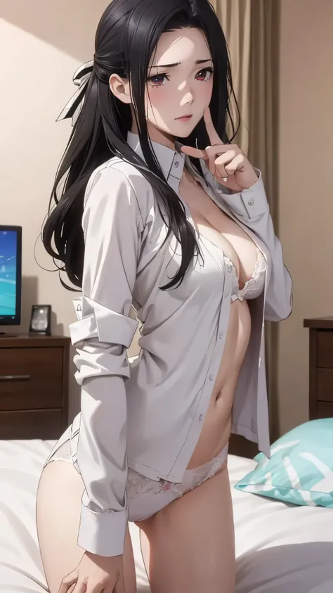 1 personの, alone, masterpiece, Highest quality, The Irregular at Magic High School,Mayumi Saegusa、Mayumi Saegusa、Moderate breasts、Red Eye, eyelash, Black Hair, Long Hair, Back ribbon, High School Uniform, White dress shirt, Collared dress, Jacket, (緑のJac...