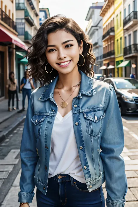 Super Resolution、beautiful Brazilian woman、、short hair、、Wavy Hair、、ear piercing、necklace、Denim jacket、shirt、smile、Beautiful teeth alignment、The background is a city street. 
Task in progress 70%% 
