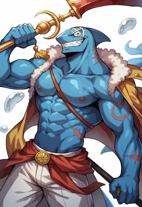 "Raijin Sea-Stork, a muscular shark-type male Fishman from One Piece, with dark blue scales and golden eyes. He has a trident-shaped scar on his right shoulder., Wielding a long, ragged pirate coat with a discarded marine insignia on his belt. Exudes a cha...