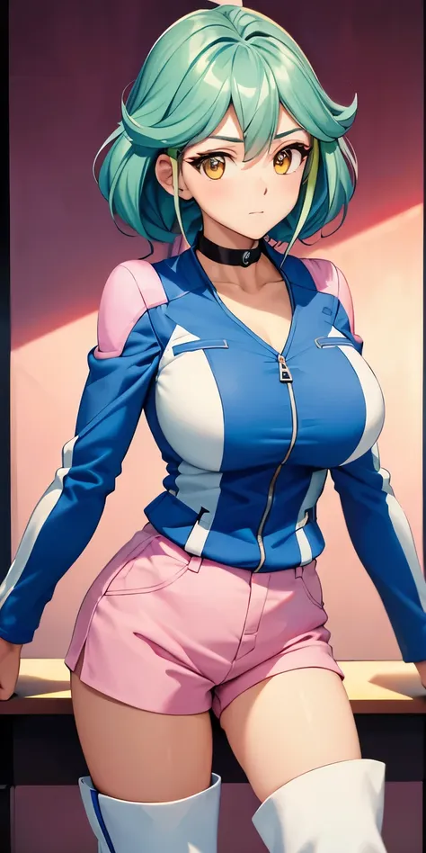 1 Female,High definition,high resolution,Ultra-realistic,8K, rin_arc_v,blue jacket,long sleeves,black choker,pink shorts,white thighs boots, multicolored hair,yellow eyes,European,sexy,Upper body close-up,Photographed from the front,Dynamic Angles,private ...