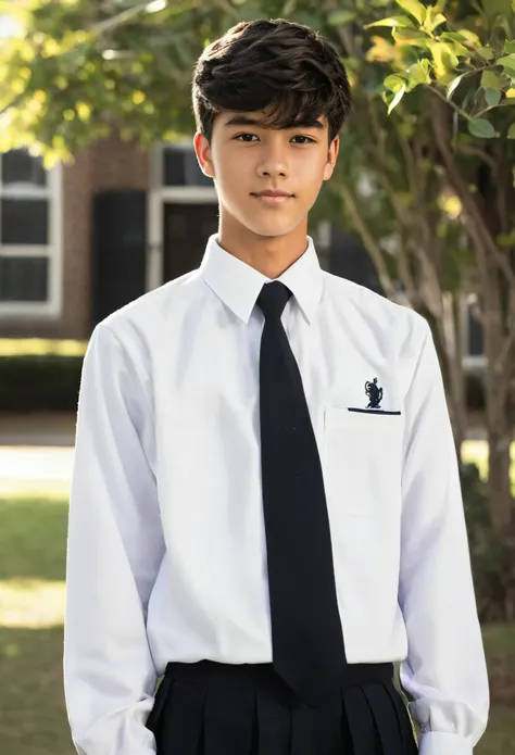 a handsome teenager, wearing a high school uniform. and a black silhouette of women behind him 