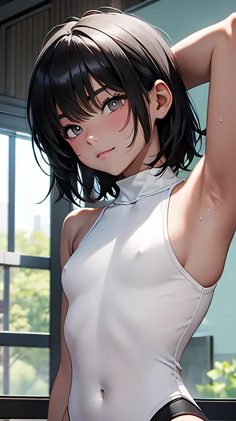 Highest quality、Realistic、、zoom、Primary school students、Girl、look up、cute、Light grey eyes、Black Hair、Armpit hair、short hair、White leotard、Gymnast、Sweating profusely、Shy laugh、Flat Chest、Bust Shot、thin、gym