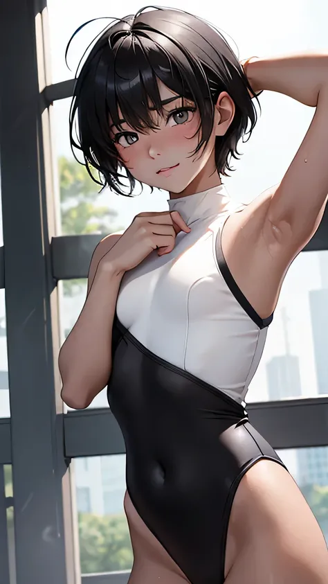 Highest quality、Realistic、、zoom、Primary school students、Girl、look up、cute、Light grey eyes、Black Hair、Armpit hair、short hair、White leotard、Gymnast、Sweating profusely、Shy laugh、Flat Chest、Bust Shot、thin、gym