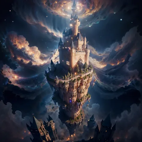 (Castle in the air:1.5)，Floating，（Sky Sky、pay、Fantastic、Starry Sky、sun、Moon、Galactic），Excellent plant growth，Very detailed，Realistic Ray Tracing，A magnificent composition，（Intricate details），（Intricate Design，Hyper Detail：1.2），Art Station，（masterpiece，High...