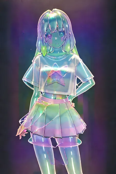 A holographic kawaii mini skirt and T-shirt, holographic anime style pastel colors, see-through, transparent ((Masterpiece High Image Quality)) background metallic office district invisible man