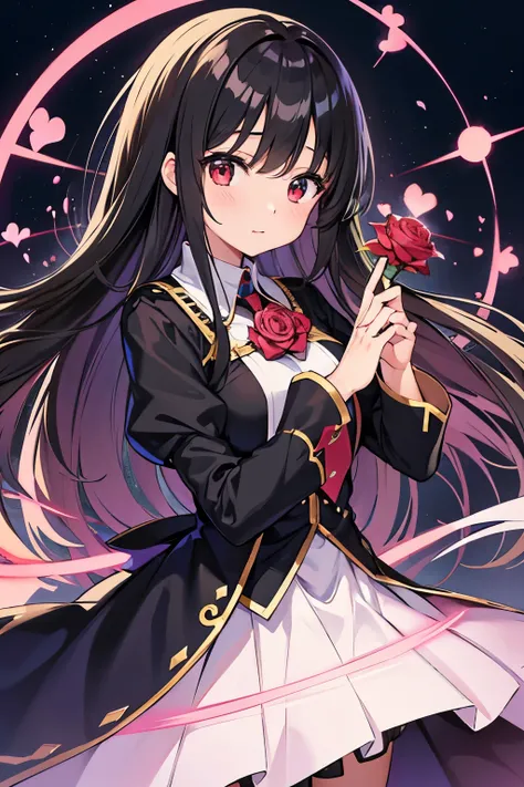 roseの花を持っているアニメの, Concept art by Kamagurka, pixiv Contest Winner, Self-sastructing art, アニメ 萌えZero-chan art, Girl in uniform, With index finger, Anime Style 4k, Zero-chan, Black-haired wizard, 2D Anime Style, High quality anime art style、roseの花を持つ、1 round、...