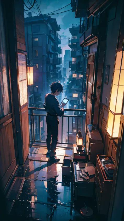 (masterpiece)、(Highest quality)、boy、Boy making a phone call on an apartment balcony. Night skies outside Japan.、rain、Anime Cartoon Style、In a messy room, Surrealism, chiaroscuro, cinematic lighting, UHD, high details, best quality, highres, 8k