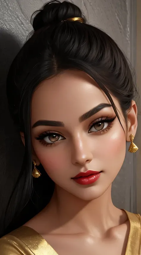 Amazing portrait of a woman who is 30 years old and an adult and a sexy woman with her black hair tied in a bun with smokey eyeliner emphasizing her seducing eyes as shes blushing intensely with the most fairest skin and a plump face with soft lips wearing...