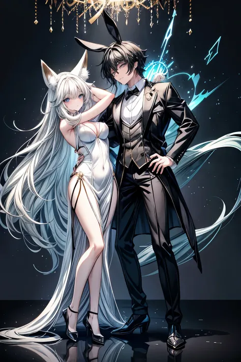 A black haired man with green eyes and fox ears is dancing with a white long haired woman with bunny ears with blue eyes with an hourglass figure with a black satin slip dress in a bar, no color, lineart, line art. manga. no color.