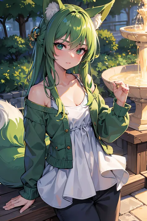 ((best quality)), ((masterpiece)), (detailed), perfect face, ((Best quality, 8k, Masterpiece: 1.3)), Sharp focus, Highly detailed face and skin texture, Detailed eyes, green hair, hair rings, fox ears, fox tail, v neck long sleeve shirt, casual cloth, Park...