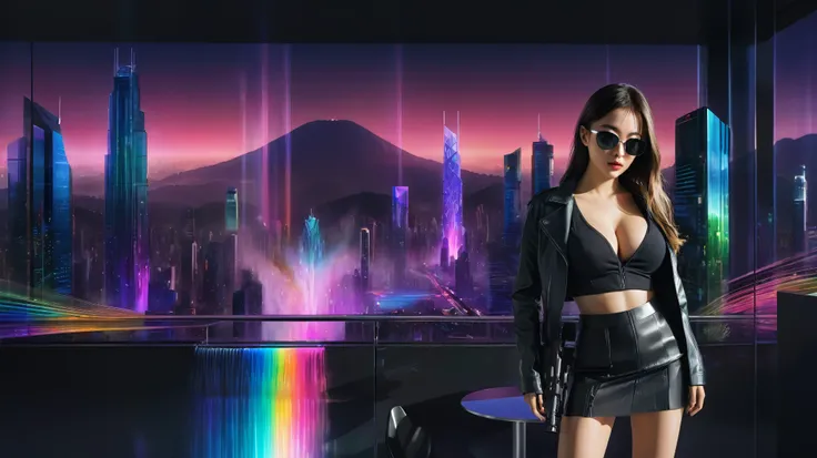 Futuristic cityscapes with colorful all-glass towering skyscrapers, sleek aerodynamic vehicles speeding through the air, rainbow colors waterfalls. High-resolution OLED GUI interfaces in the building, The windows are filled with transparent data visualizat...