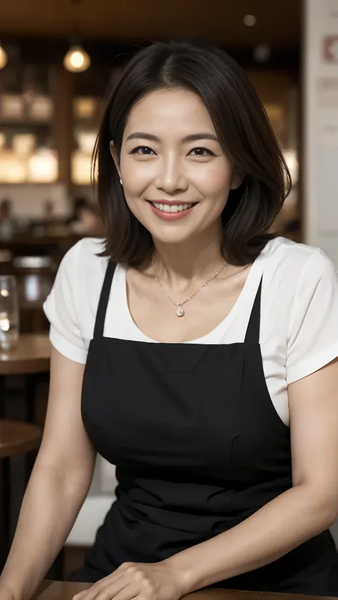 8k wallpaper, masterpiece, Highest quality, Very detailed, One Mature Woman, 50 years old, Become very clear, Wearing a short-sleeved knit, Skin dents, Captivating smile, Looking at the audience, No lapel microphone, Plump, Curvaceous, Attractive face, Smi...