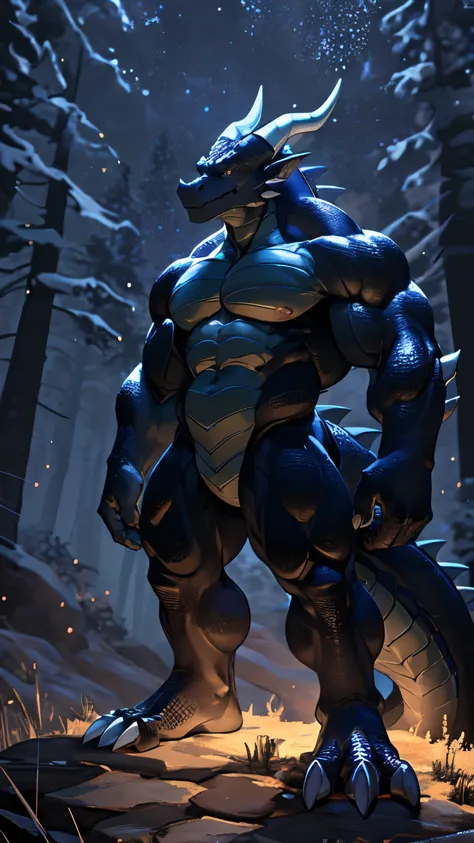 solo, kemono, (dragon), anthro, male, ((black body)), scales, tail, big muscles, (muscular:1.5), abdomen, handsome, fantasy, outdoors, dark, night, forest,raise hands, standing, （toe claws）, epic, depth of field, perfect lighting, (light particles),(best q...