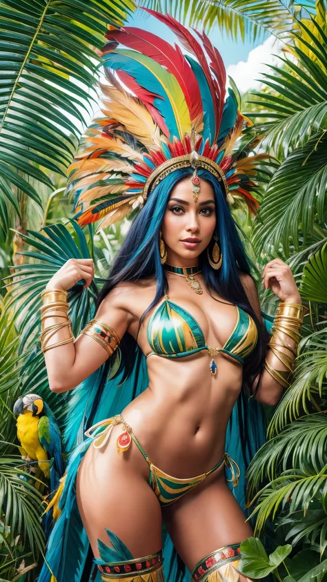 cinematographic, 4K High Definition, best of the best, The most beautiful beautiful woman, Amazonian Princess, wearing a bikini according to, headdress of parrot and macaw feathers, feather crown, lush body, perfectbody, lush body, painted body, ssmile