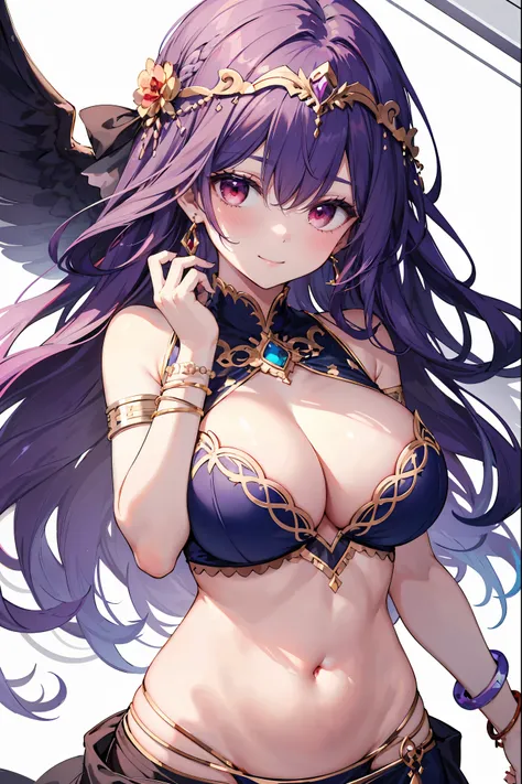 1girl, white background, red eyes, long hair, purple hair, belly dancer, circlet, earrings, armlets, bracelets, bashful smile, large breasts, cleavage, soft stomach