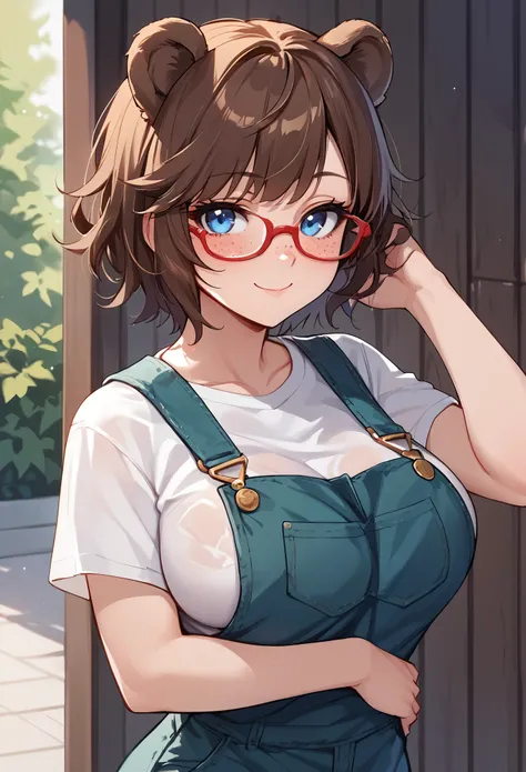 score_9_up, score_8_up, score_7_up, 1girl, solo, source_anime, hourglass figure, Big breasts, kemonomimi, bear ears, brown hair, short hair, messy_hair, blue eyes BREAK freckles, , red glasses, white shirt, short sleeves, green overalls, naughty smile, clo...