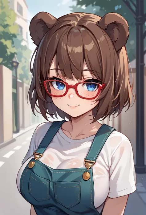 score_9_up, score_8_up, score_7_up, 1girl, solo, source_anime, hourglass figure, Big breasts, kemonomimi, bear ears, brown hair, short hair, messy_hair, blue eyes BREAK freckles, , red glasses, white shirt, short sleeves, green overalls, naughty smile, clo...