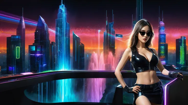 Futuristic cityscapes with colorful all-glass towering skyscrapers, sleek aerodynamic vehicles speeding through the air, rainbow colors waterfalls. High-resolution OLED GUI interfaces in the building, The windows are filled with transparent data visualizat...