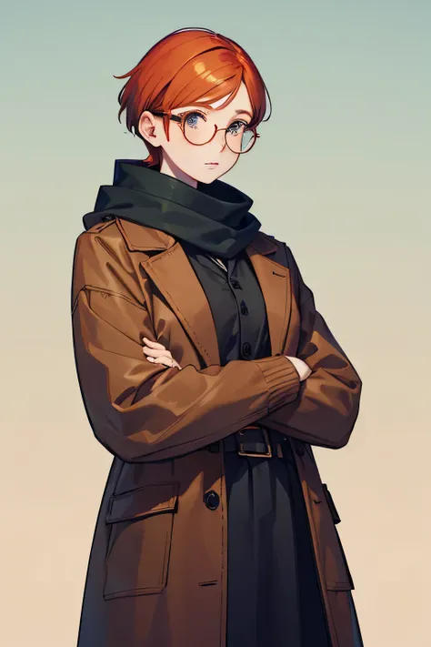 An old, with a ginger short hair, gentle face, winter clothes. Freckles and brown eyes. Large glasses