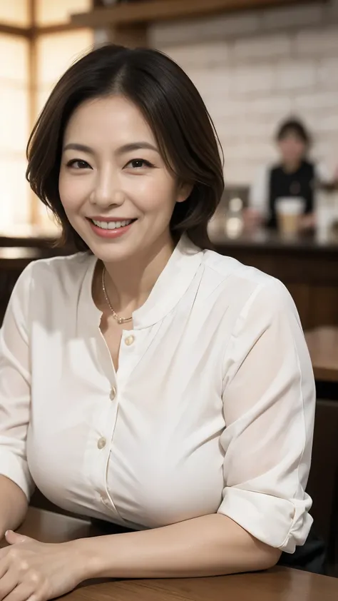 8k wallpaper, masterpiece, Highest quality, Very detailed, One Mature Woman, 50 years old, Become very clear, Wearing a short-sleeved knit, Skin dents, Captivating smile, Looking at the audience, No lapel microphone, Plump, Curvaceous, Attractive face, Smi...