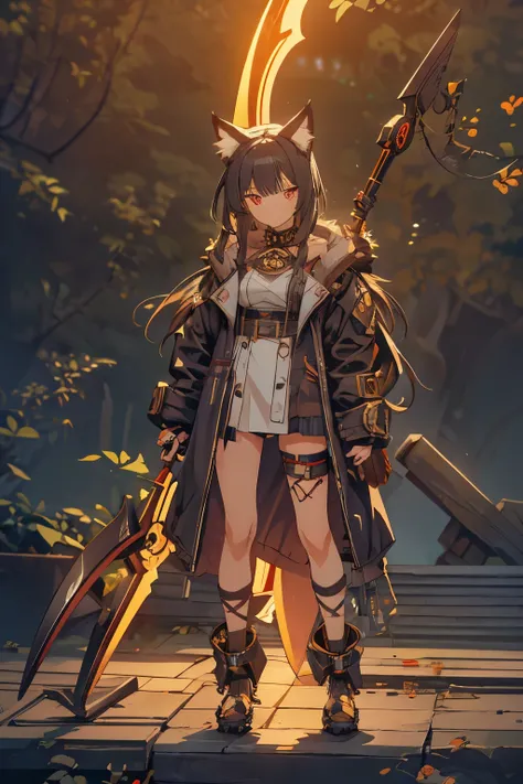 NSFW,Detailed silhouette of a cyberpunk girl with cat ears and a tail, Flowing, Tattered coat, He has a giant golden scythe with a design that is filled with mechanical gems., Stand on the glossy, Minimalist reflective surface, Soft Gray Background.