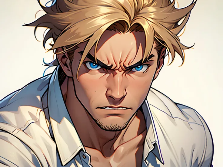 man 30 year old , defined jawline, front view to camera, body and bust, angry expression, light colored eyes , basic clothing, neutral background, dark blonde hair