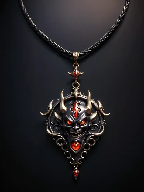 Cartoon illustration, Devil necklace, black,Metallic luster，Cursed Necklace，简单的black背景, luxurious，advanced，Game Icon 