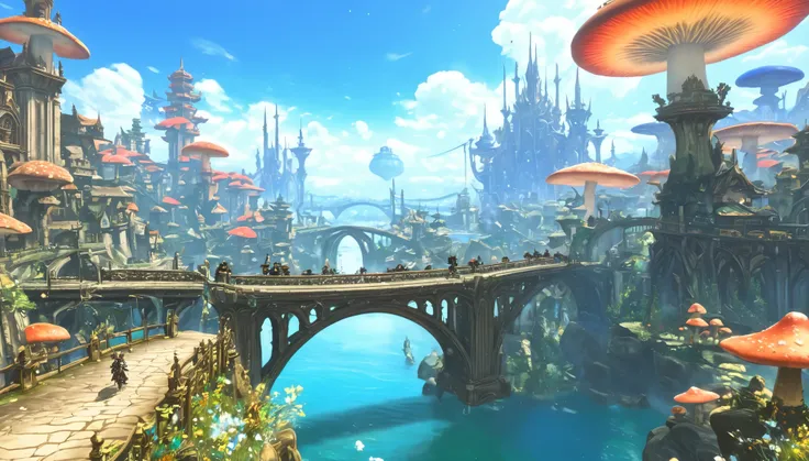 (masterpiece:1.2), Very intricate details, ff14style, Dynamic painting, Depicts a bustling city with a majestic bridge spanning a wide river, Surrounded by towering giant mushrooms. The vast landscape is filled with vibrant colors 