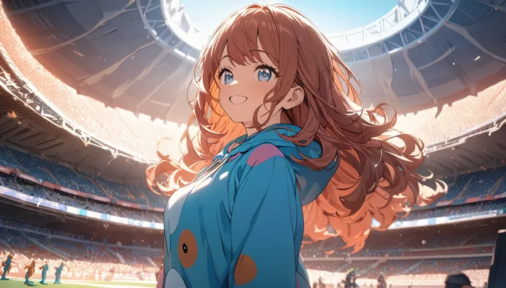 (masterpiece:1.4), (Highest quality:1.4), Very detailed, Complex, Super detailed, (Perfect Face), figure,Soft lighting, Scenic, One person, Happy,  Bright auburn hair, colorful, Colorized, from_Under ,fish_Costumes , Stadium 