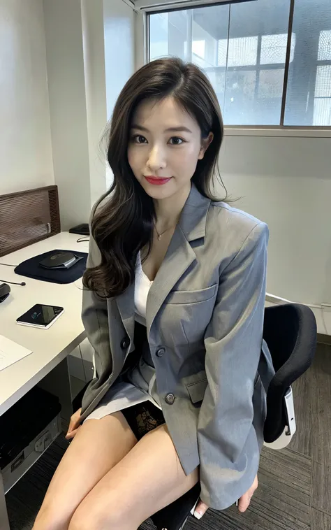 ((Best Quality, 8k, Masterpiece, Portrait: 1.3)), (looking at viewer),Photorealistic, Sharp Focus, glare, beautiful Japan Office Lady, gray blazer, white shirt, Clothes with big Cleavage View, 35 Years Old, Wavy Hair, ((double eyelid, eyelash, lip gloss)),...