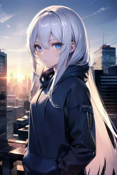 ((masterpiece)), ((best quality)), ((best illustration)), ((ultra-detailed)),((photorealistic color)), 1 lady, solo, teenager, absurdly long hair, white hair, straight hair, ((blue eyes)), ((ultra detailed eyes)), ((ultra detailed face)), gloomy, hoodie, j...